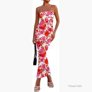 Strapless Maxi Dress Floral Bodycon Ribbed Long Casual Boho Party